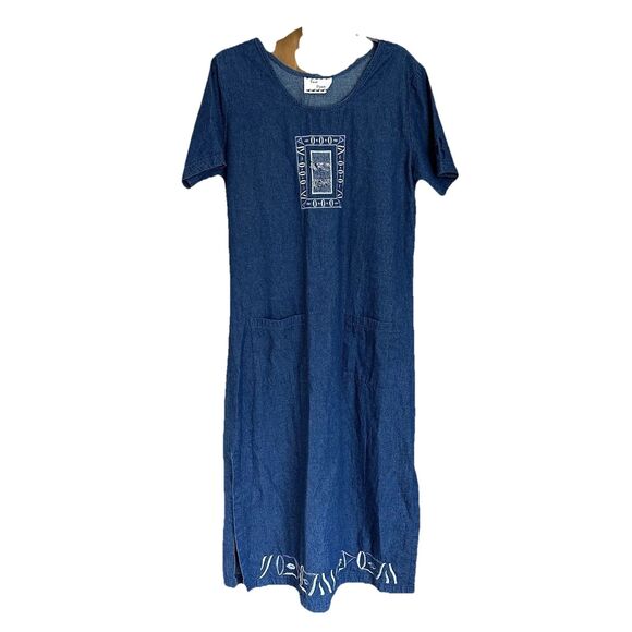 Foot Prints Maxi Dress Size Lg Denim Embroidered Lagen Beachy - Picture 1 of 6